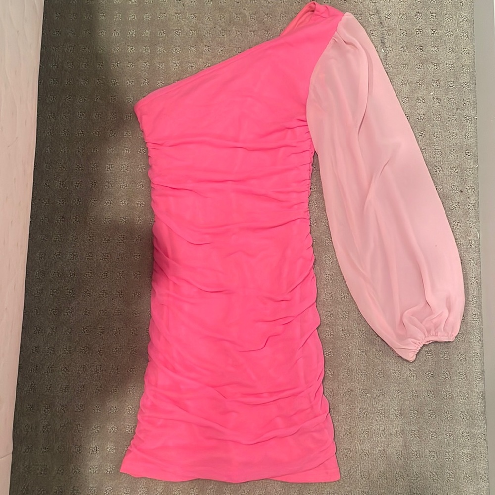 Baby pink balloon sleeve one shoulder body con dress (two toned pink)